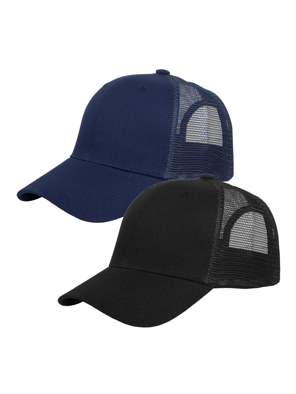 Trucker Hat Baseball Cap Structured Plain Design | 2 Pack, Black, Navy | Size OS